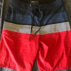 O'Neill Navy and Red Striped Board Shorts